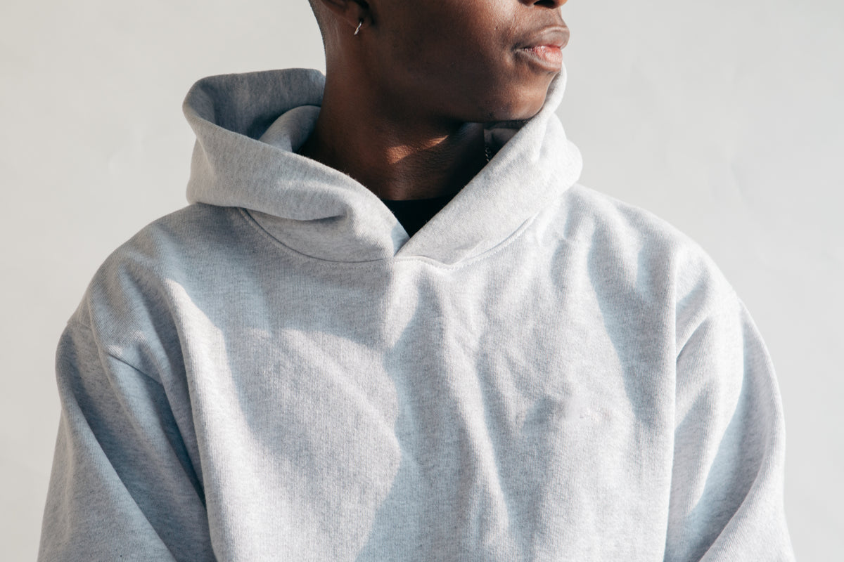 Close up of a soft grey marl hoodie